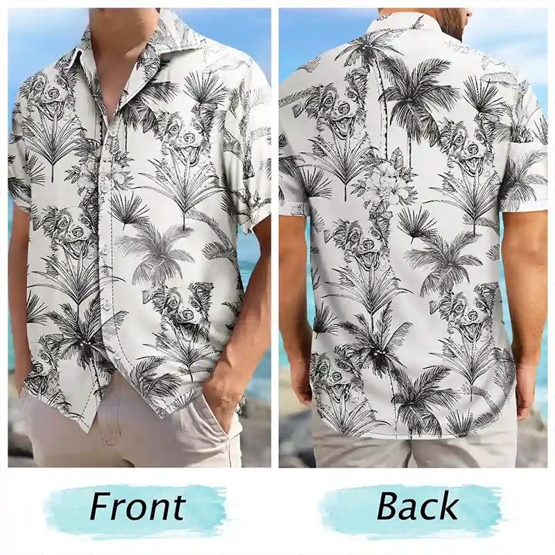 Personalized Photo Pencil Drawing Toile De Jouy Pattern Family Kids Pet Custom Hawaiian Shirt Family Gifts