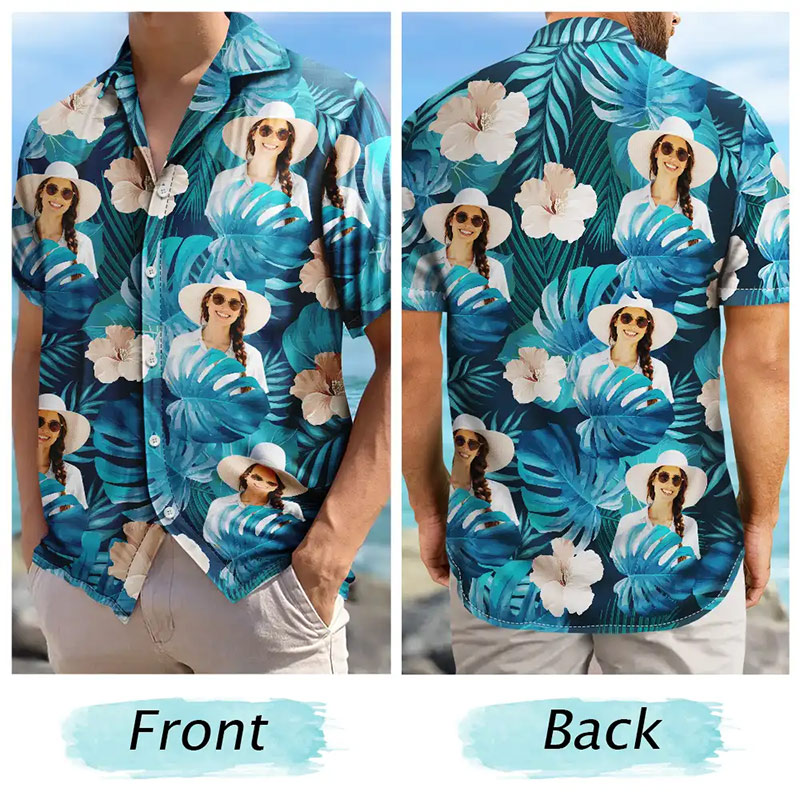 Personalized Photo Tropical Leaves Funny Family Kids Pet Face Custom Hawaiian Shirt with 1-5 Kids Photo Father Mother Summer Gifts