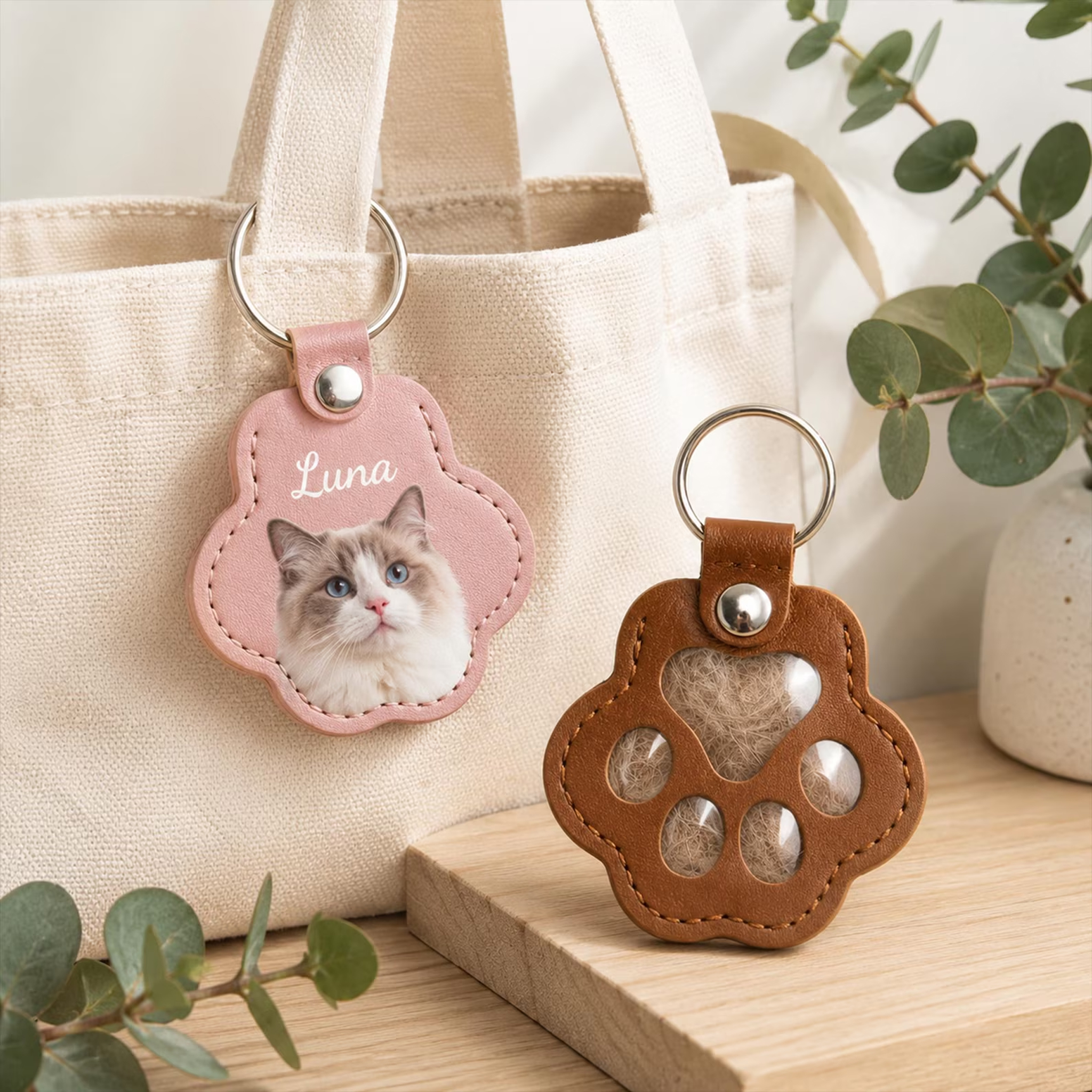 Personalized Pet Fur Keepsake Keychain Custom Dog Cat Memorial Keyring, Pet Hair Holder Paw Print Photo Charm Pet Loss Gift