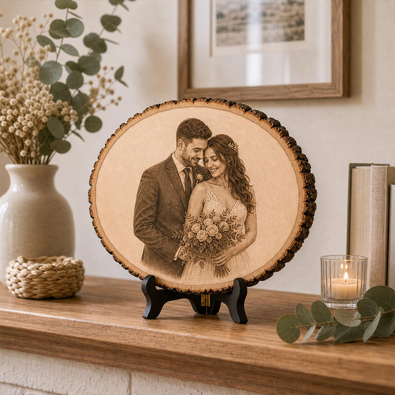 Personalized Wood Photo Engraving Custom Wedding Photo on Wood Slice Engraved Log Slice Gift for Couple Photo Gift for Her Him