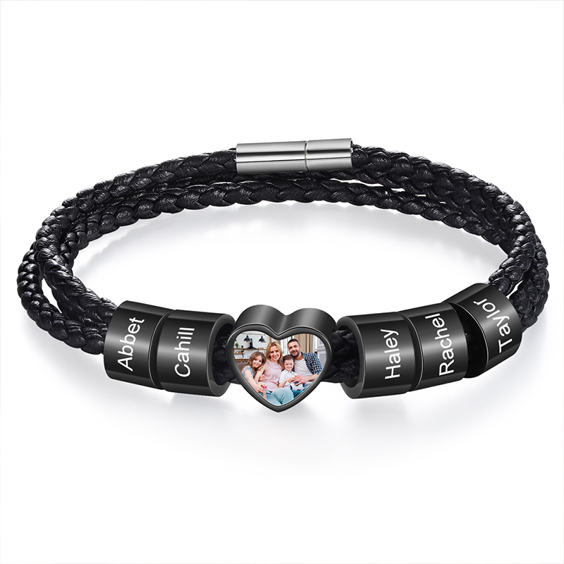 Personalized Leather Bracelet with Family Kids 5 Names and 1 Photo Men's Bracelet for Family