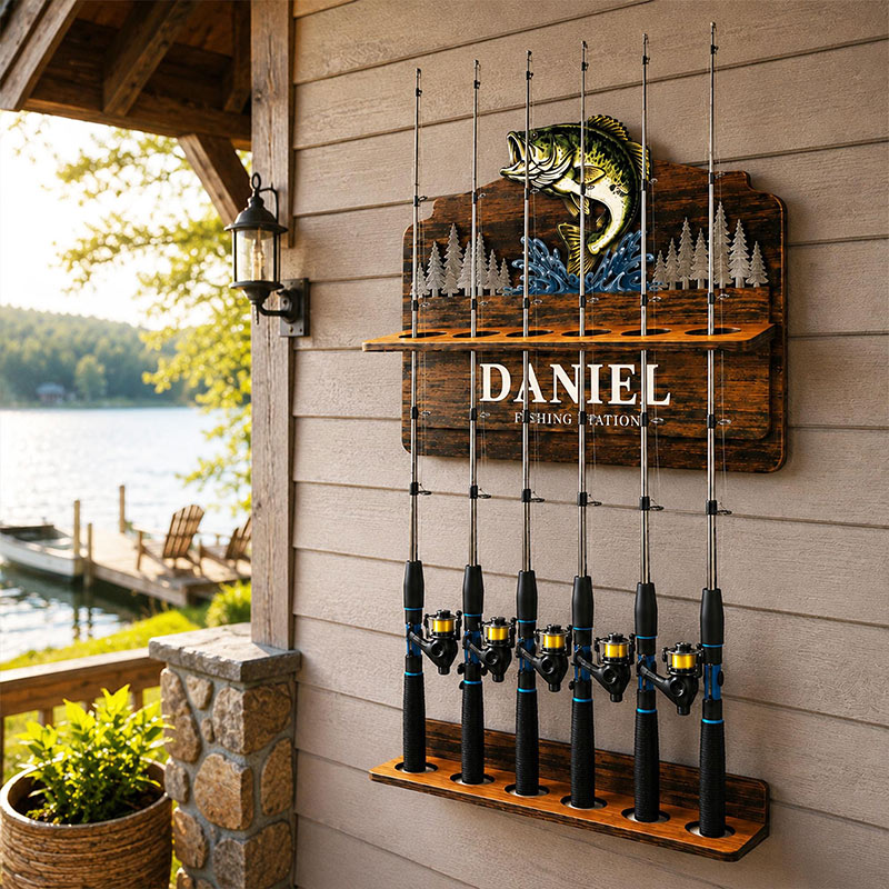 Personalized Reel Cool Dad Fishing Rod Holder Custom Angler Gift for Dad Wooden Fishing Pole Organizer Fisherman Wall Decor Bass Fishing Station Sign