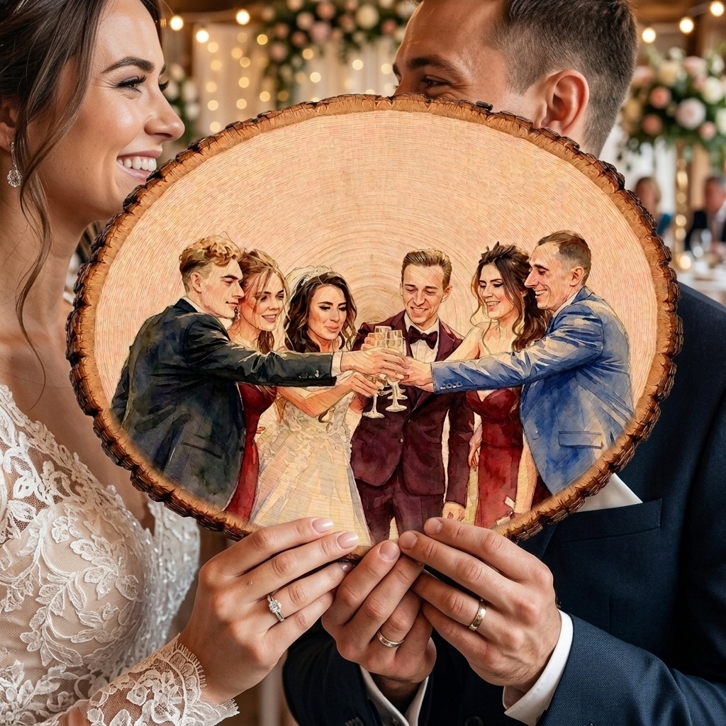 Personalized Photo Engraving Basswood Keepsake Custom Watercolor Photo Art on Wood Slice Engraved Log Slice Gift for Couple Photo Gift for Her Him