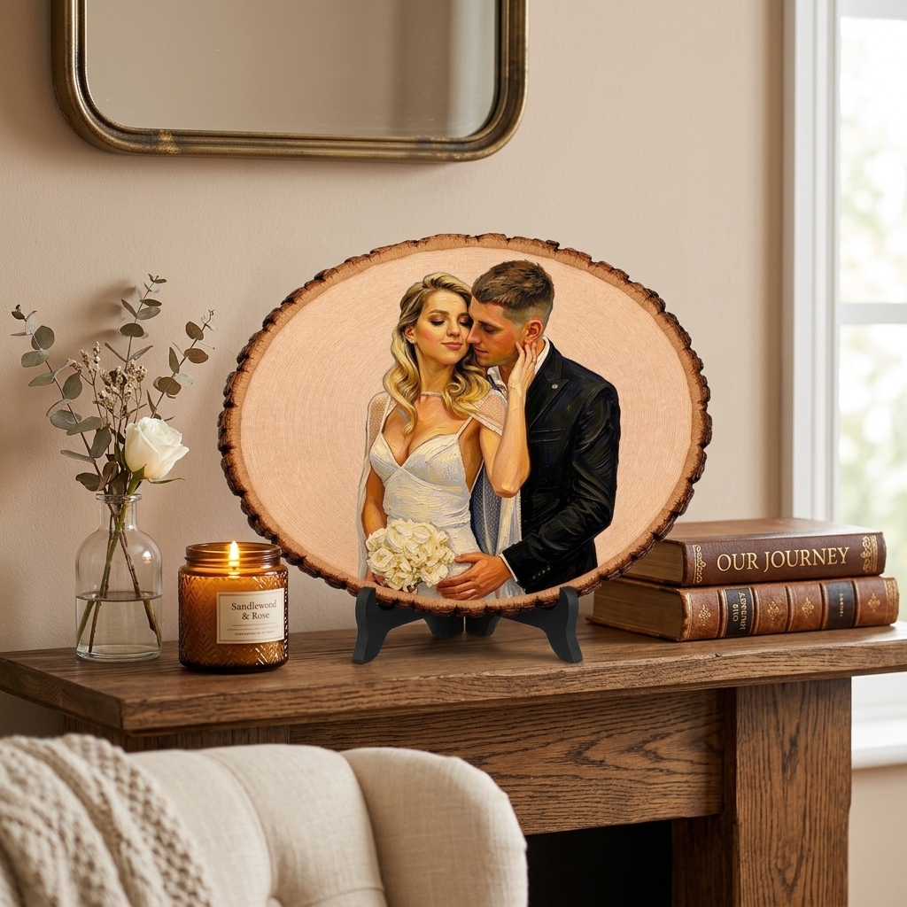 Personalized Painting Photo Engraving Basswood Keepsake Custom Photo Art on Wood Slice Engraved Log Slice Gift for Couple Photo Gift for Her Him