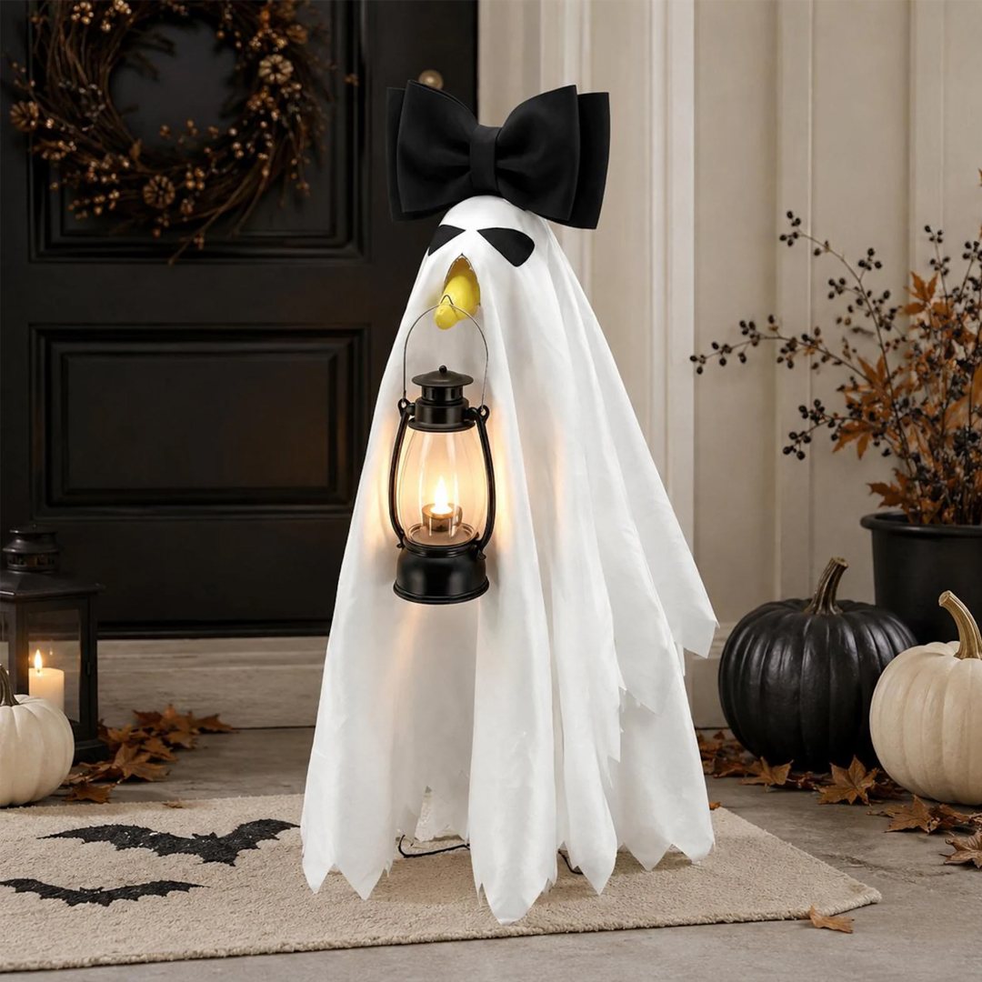 Porch Goose Halloween Costume for 23 Inch Goose White Ghost Cover with Pink Bow and LED Lantern Outdoor Fall Decor Gift