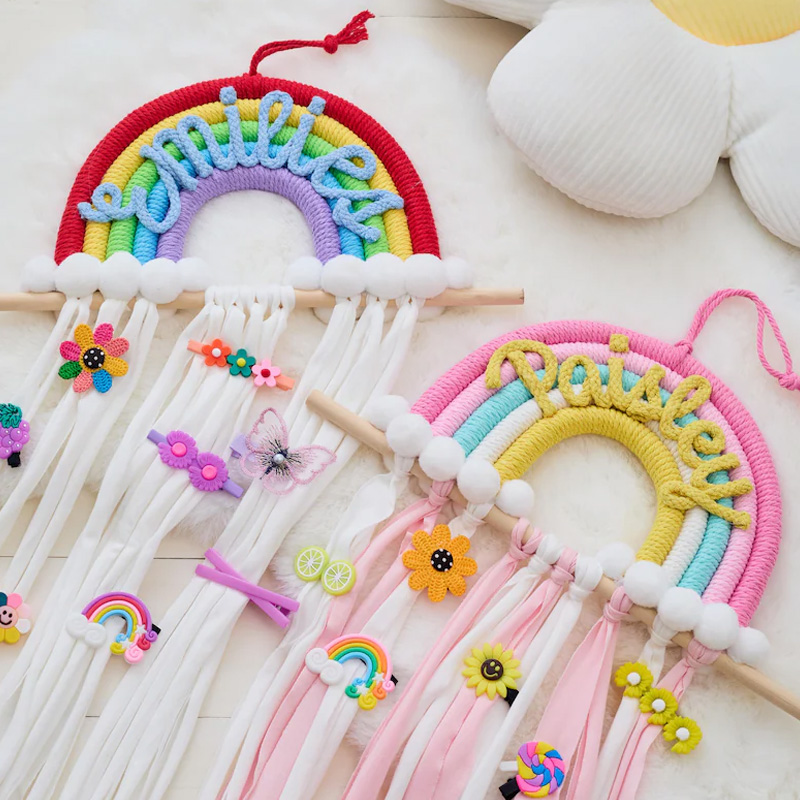 Personalized Name Rainbow Hair Clip Holder Custom Embroidered Girls Room Organizer Birthday Gift