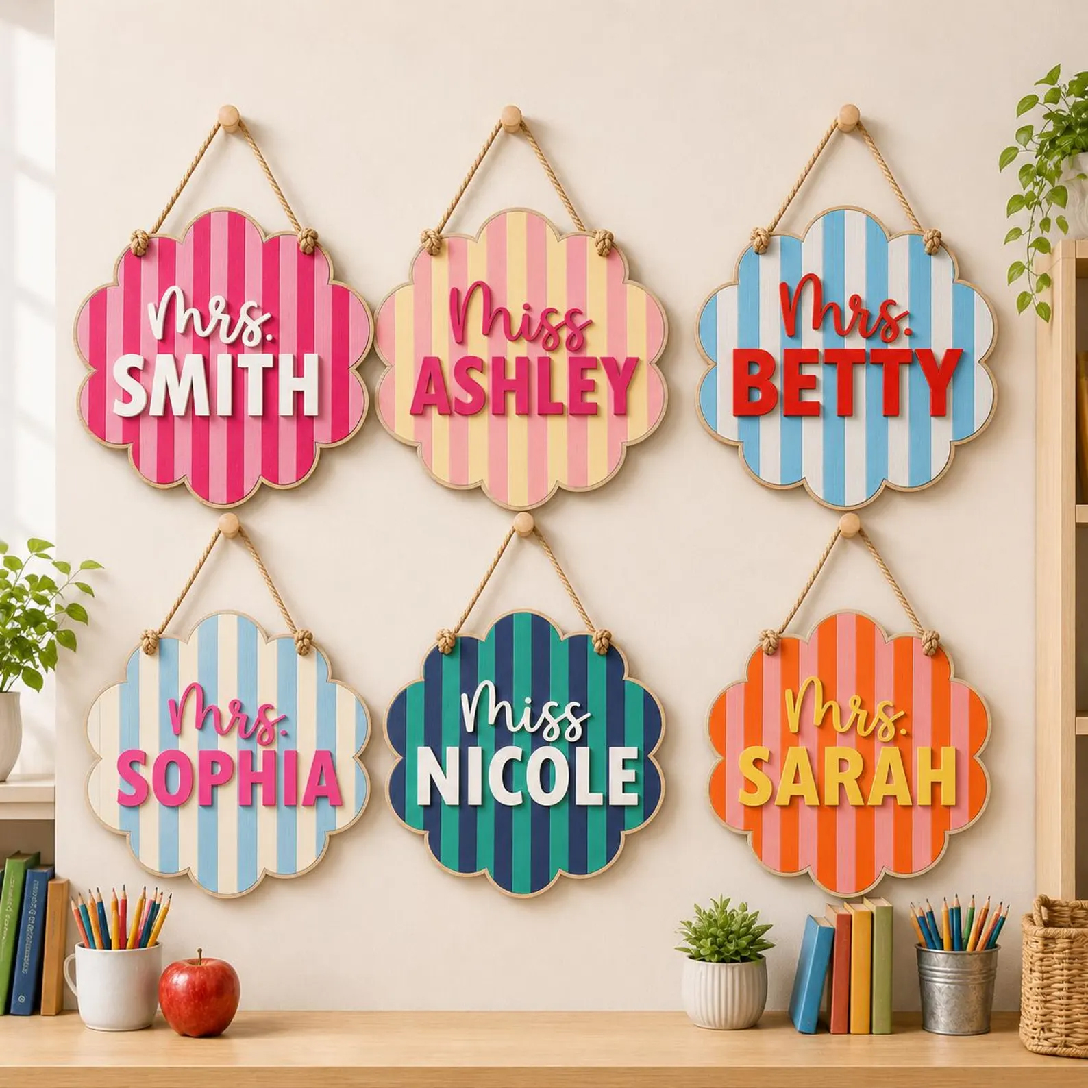 Personalized Teacher Door Sign Scalloped Striped Wooden Name Plaque Custom Classroom Decor Back to School Teacher Gift