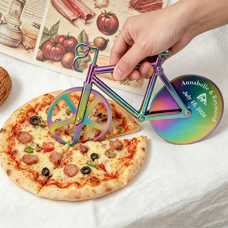 Personalized Bicycle Pizza Cutter Custom Engraved Dual Wheel Rose Gold Holographic Wedding Groomsmen Gift for Him Chef Couple Anniversary Gift
