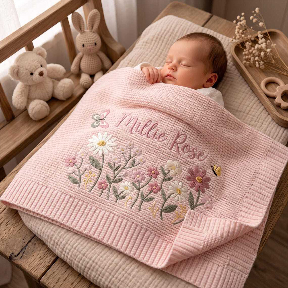 Personalized Floral Embroidered Baby Blanket Custom Name Knitted Throw Welcome Baby Blanket Nursery Keepsake