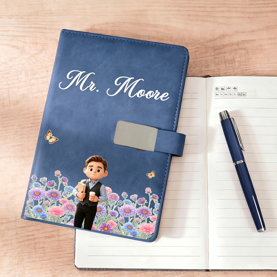Personalized Birth Flower Cartoon Character PU Leather A5 Notebook Set with Surname Back to School Teacher's Day Appreciation Gift for Teachers