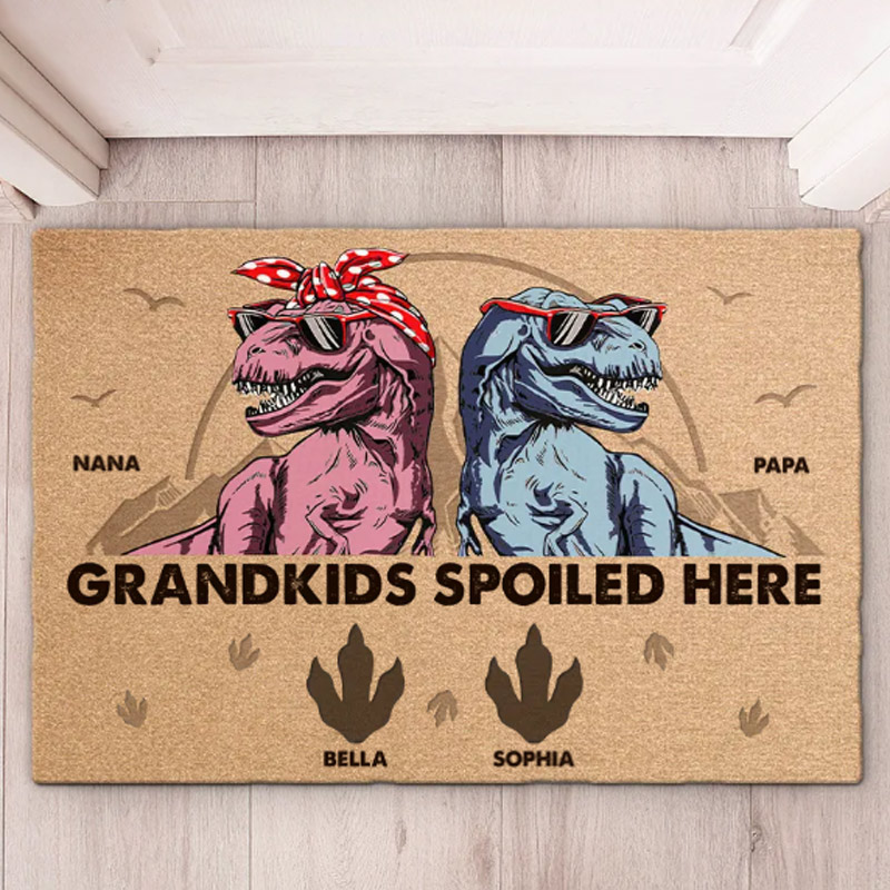 Personalized Grandkids Spoiled Here Doormat with Names Custom Home Decor Decorative Mat Gift for Grandpa Grandma