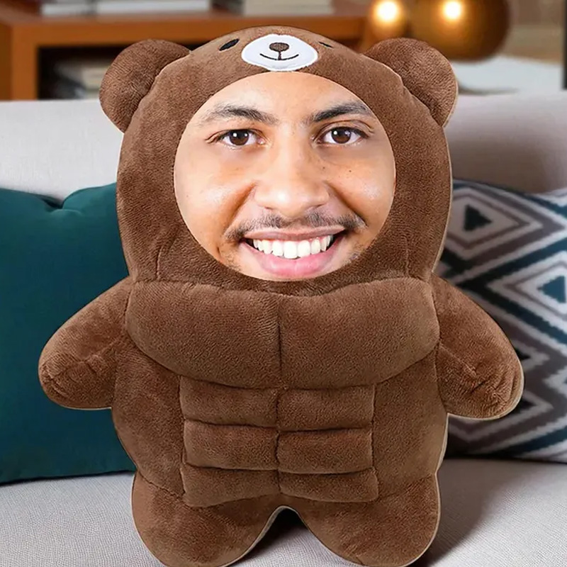Personalized Muscle Bear Plush Toy Custom Face Stuffed Animal Pillow for Friends Gym Rat Gym Lovers