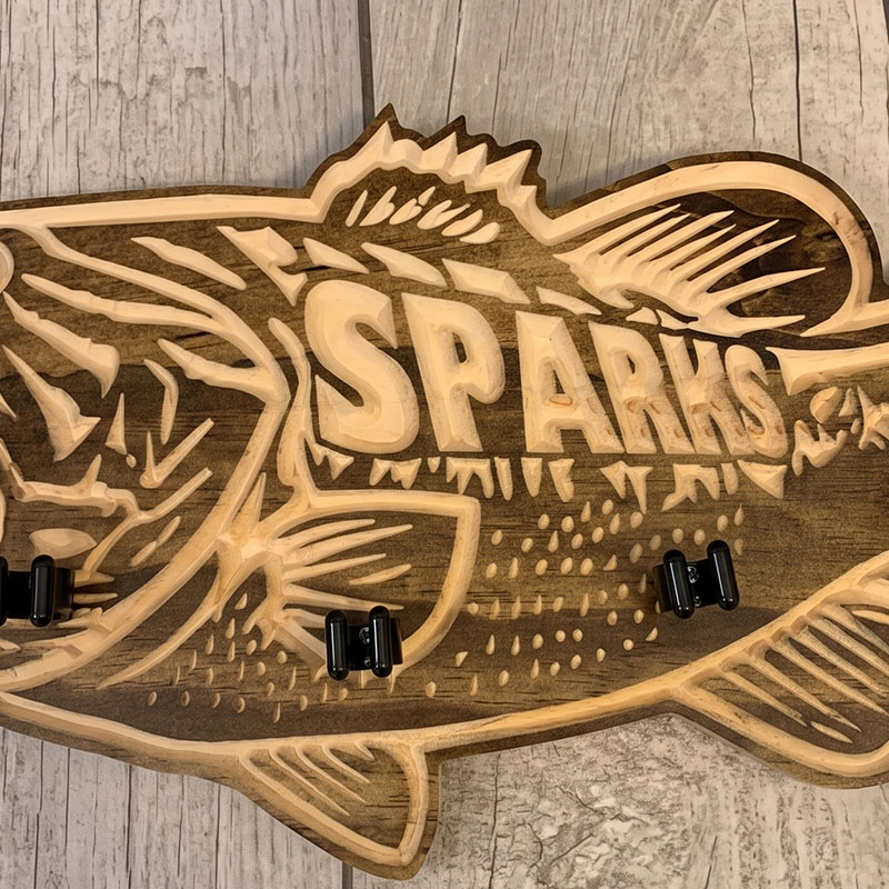 Personalized Bass Fishing Rod Holder for Dad Engraved Solid Wood Wall Mount Organizer with Name Birthday Gift for Dad Grandpa Fishing Lovers