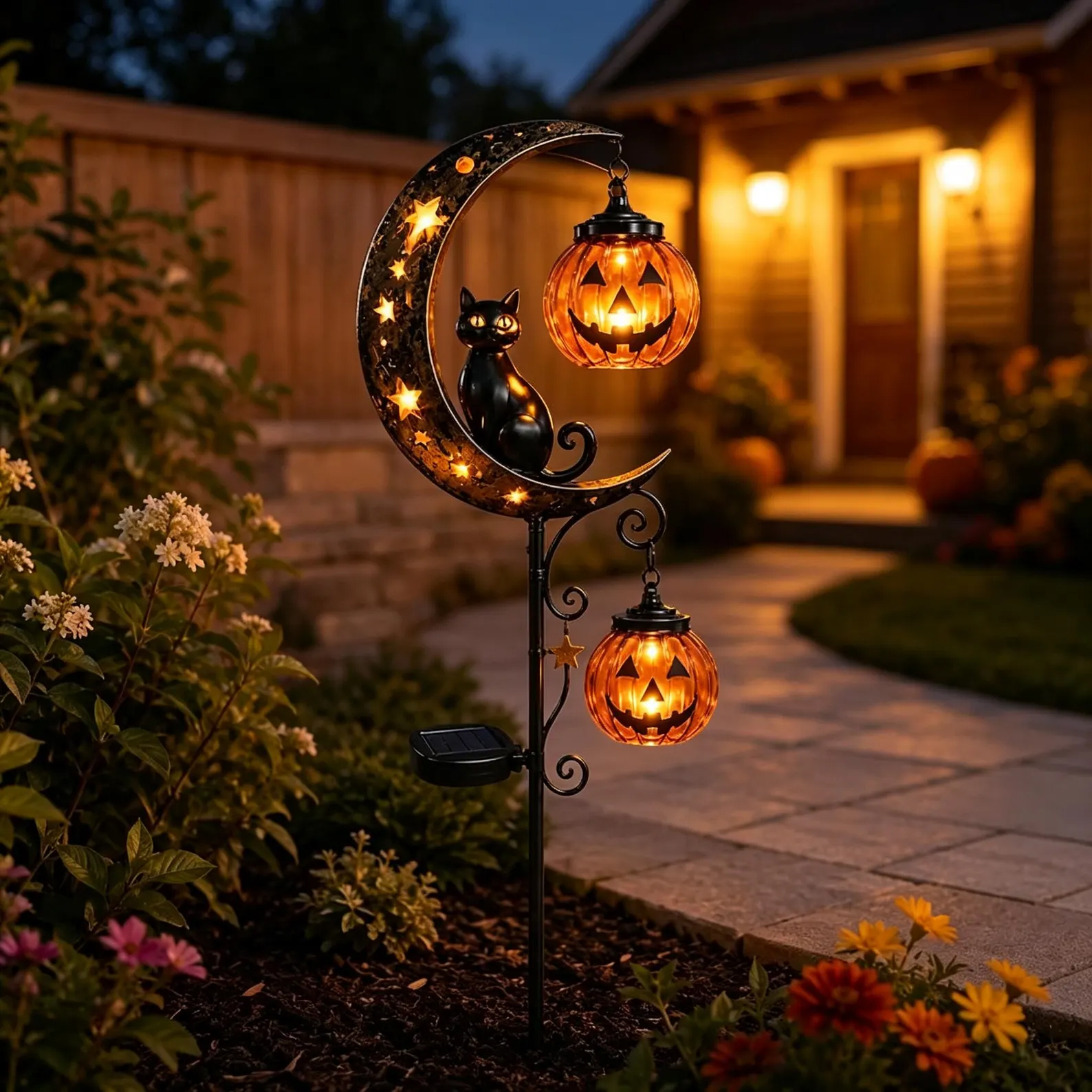 Halloween Black Cat Moon Solar Stake Light Pumpkin Lantern Outdoor Decor