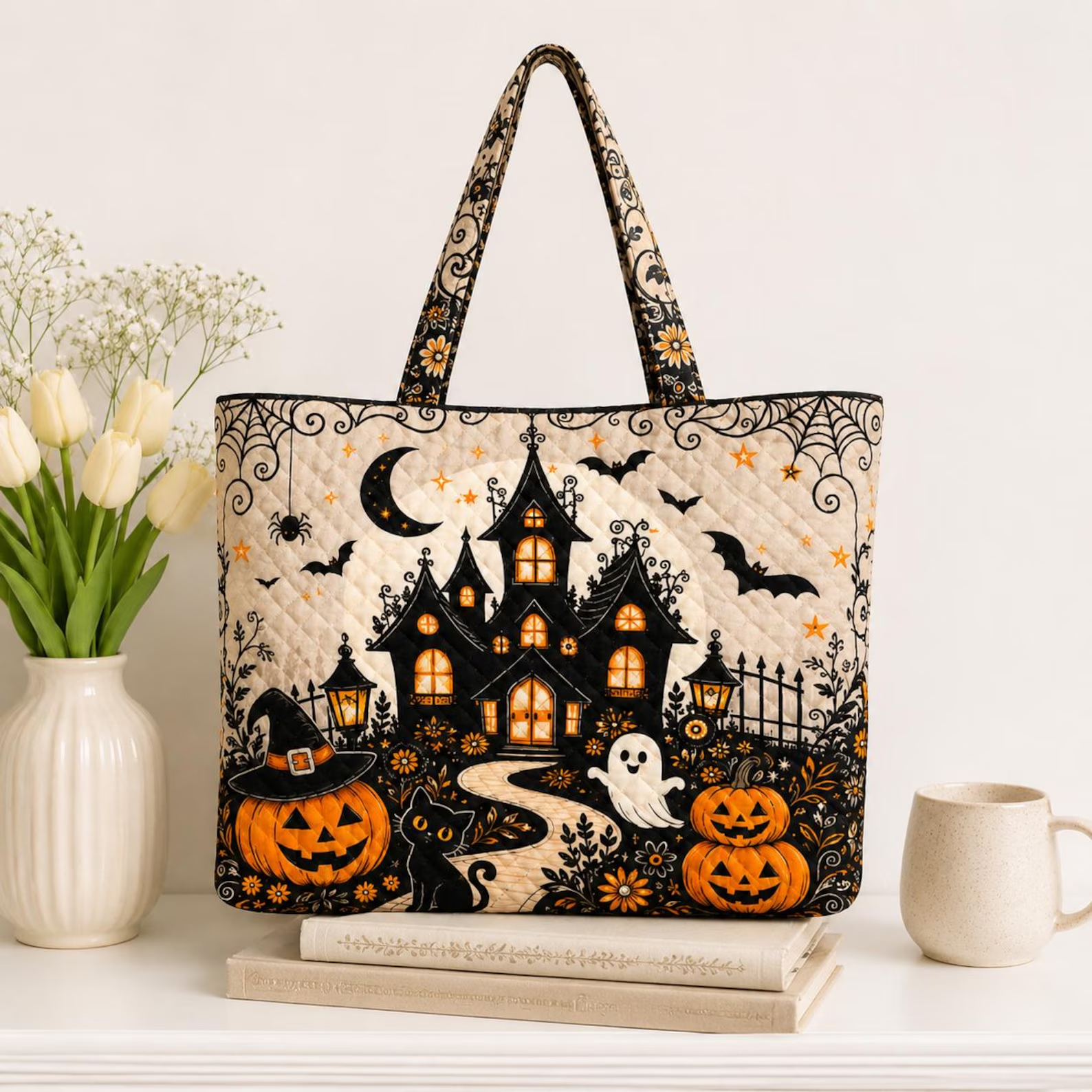Halloween Tote Bag for Women Haunted House Quilted Tote Pumpkin Ghost Black Cat Bag Spooky Season Gift