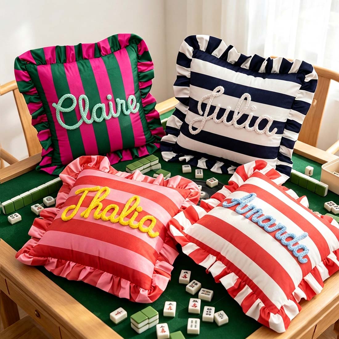 Personalized Striped Ruffled Punch Needle Throw Pillow Embroidered Name Mahjong Lovers Gift