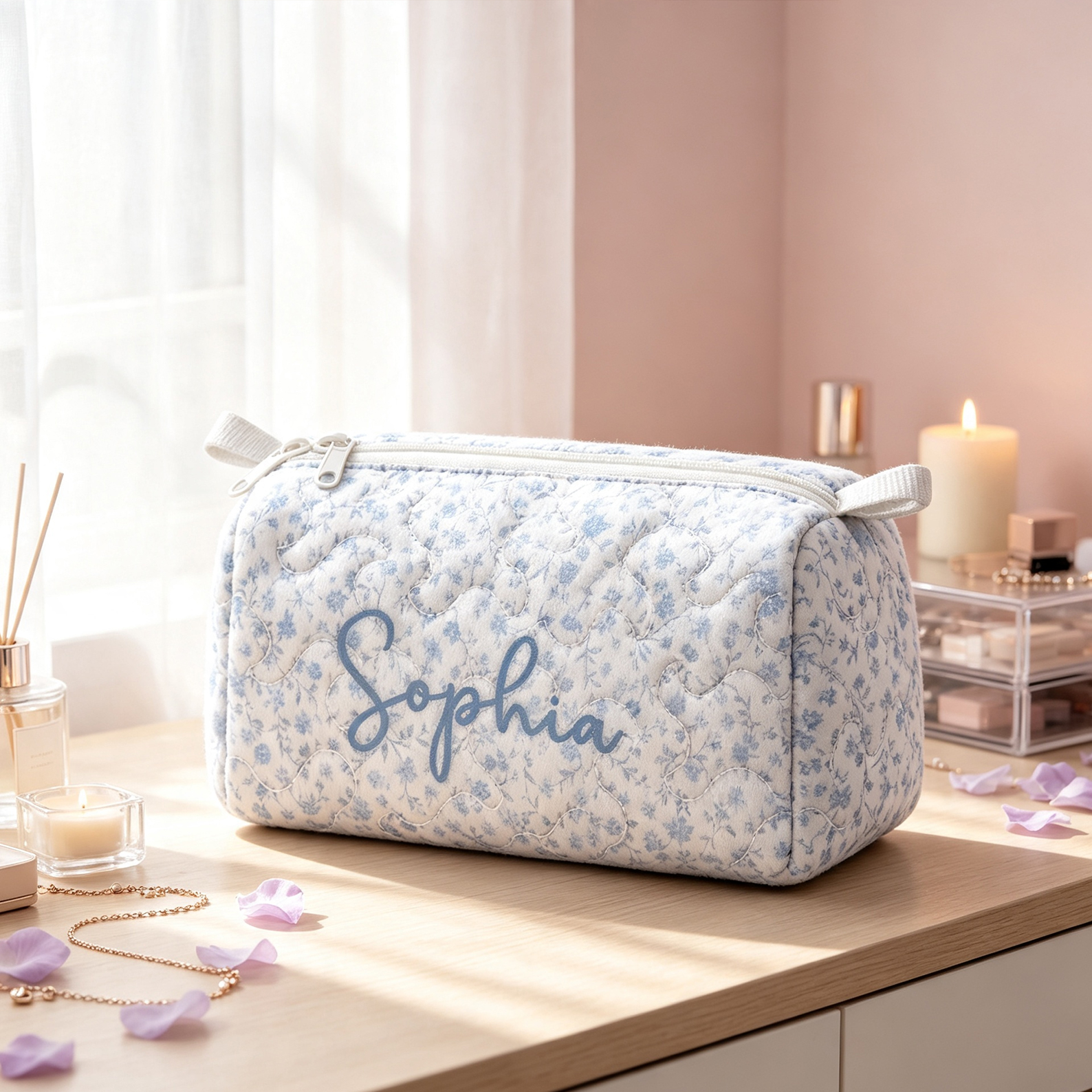 Personalized Quilted  Makeup Bag Custom Name Cosmetic Bag Quilted Toiletry Pouch Gift for Her