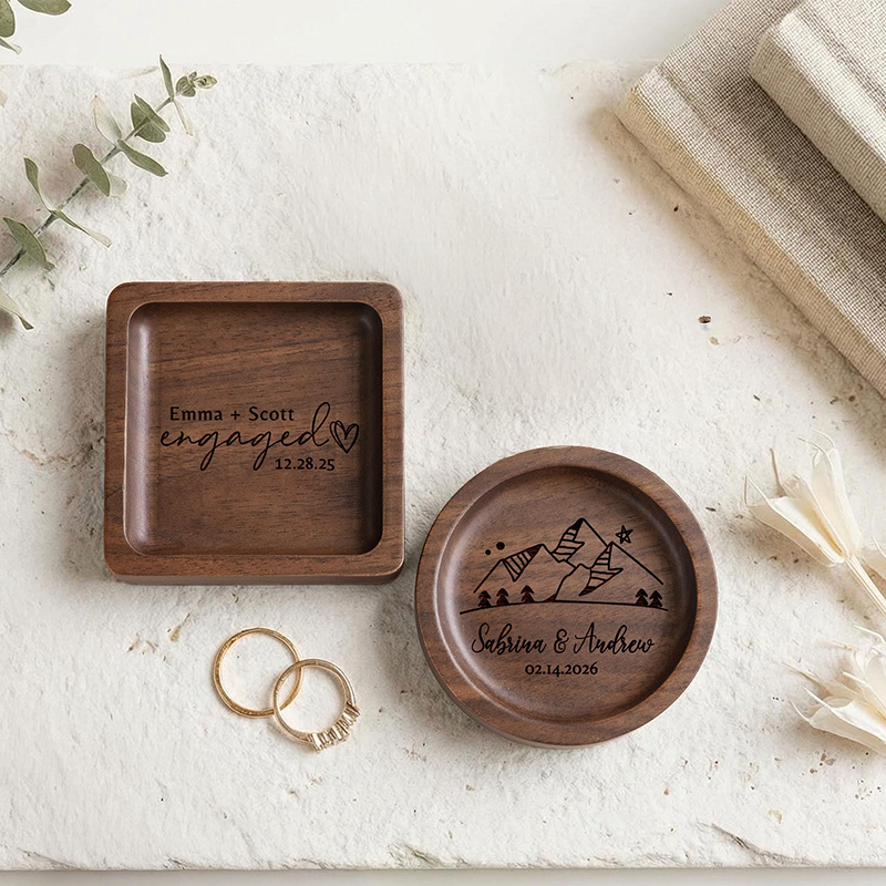 Personalized Walnut Wooden Ring Dish, Wedding Month Flower Ring Holder, Valentine’s Day Gift, Wedding, Engagement, Anniversary Gift for Her