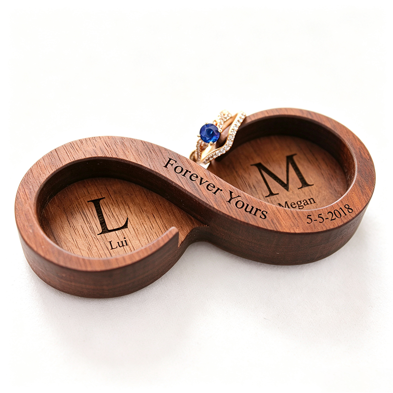 Personalized Infinity Walnut Wooden Ring Dish, Wedding Month Flower Ring Holder, Valentine’s Day Gift, Wedding, Engagement, Anniversary Gift for Her