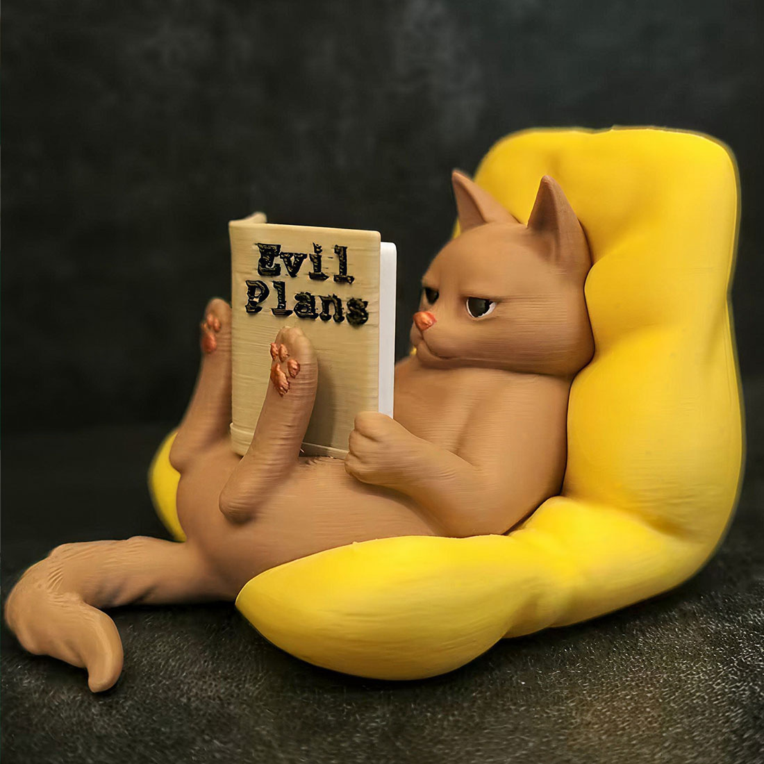 Evil Plans Reading Cat Figurine 3D Printed Grumpy Cat with Book Funny Desk Decor & Gift for Cat Lovers