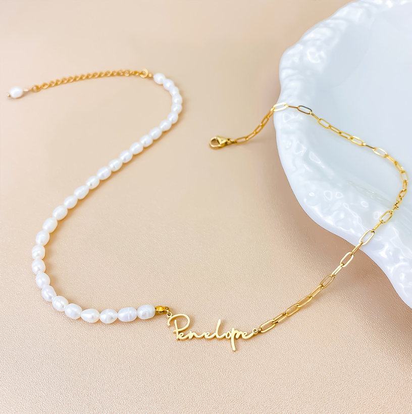Personalized Pearl Name Necklace for Her Girlfriend Valentine's Day Gift Delicate Pearl & Paperclip Chain Necklace Anniversary Name Jewelry Necklace for Women Birthday Gift for Women