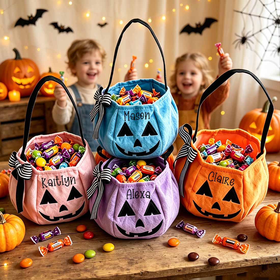 Personalized Halloween Trick-or-Treat Bag Pumpkin Face Candy Bucket with Custom Name Kids Velvet Tote in 4 Colors