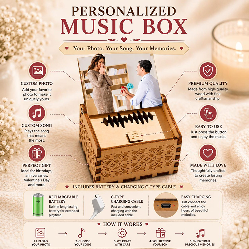 Personalized Wooden Music Box with Custom Song, Custom Song Photo Text Music Box, Photo Gift with Text, Custom Anniversary Gift for Him Her