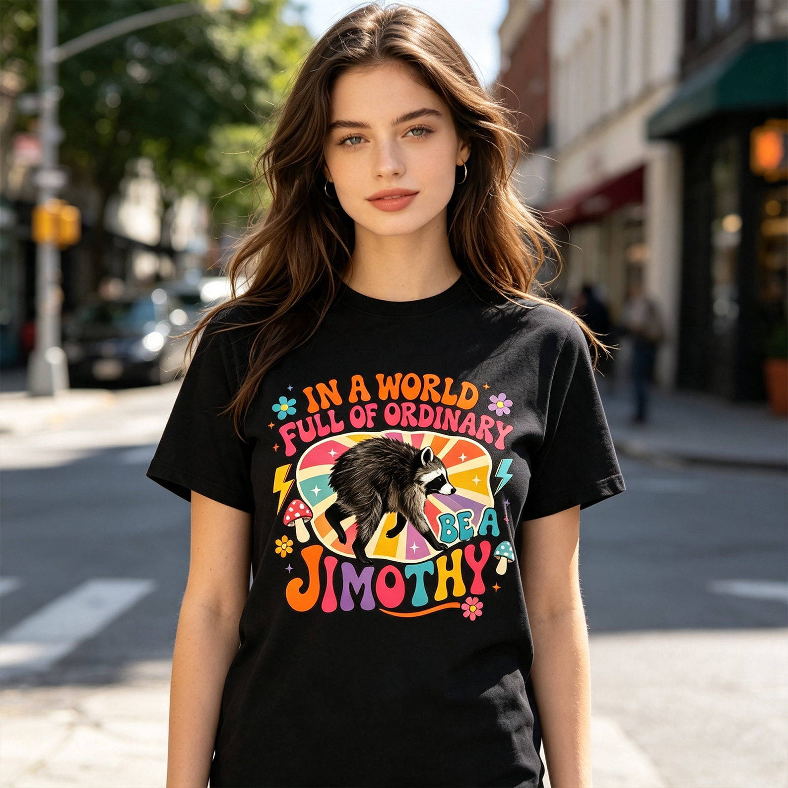 Retro Colorful Classic T-Shirt IN A WORLD FULL OF ORDINA Seattle Raccoon Print Fun T-Shirt