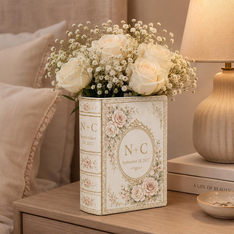Personalized Ceramic Book Vase, Custom Wedding Book Flower Vase, Couple Anniversary Gift, Literary Home Decor, Bridal Shower Keepsake