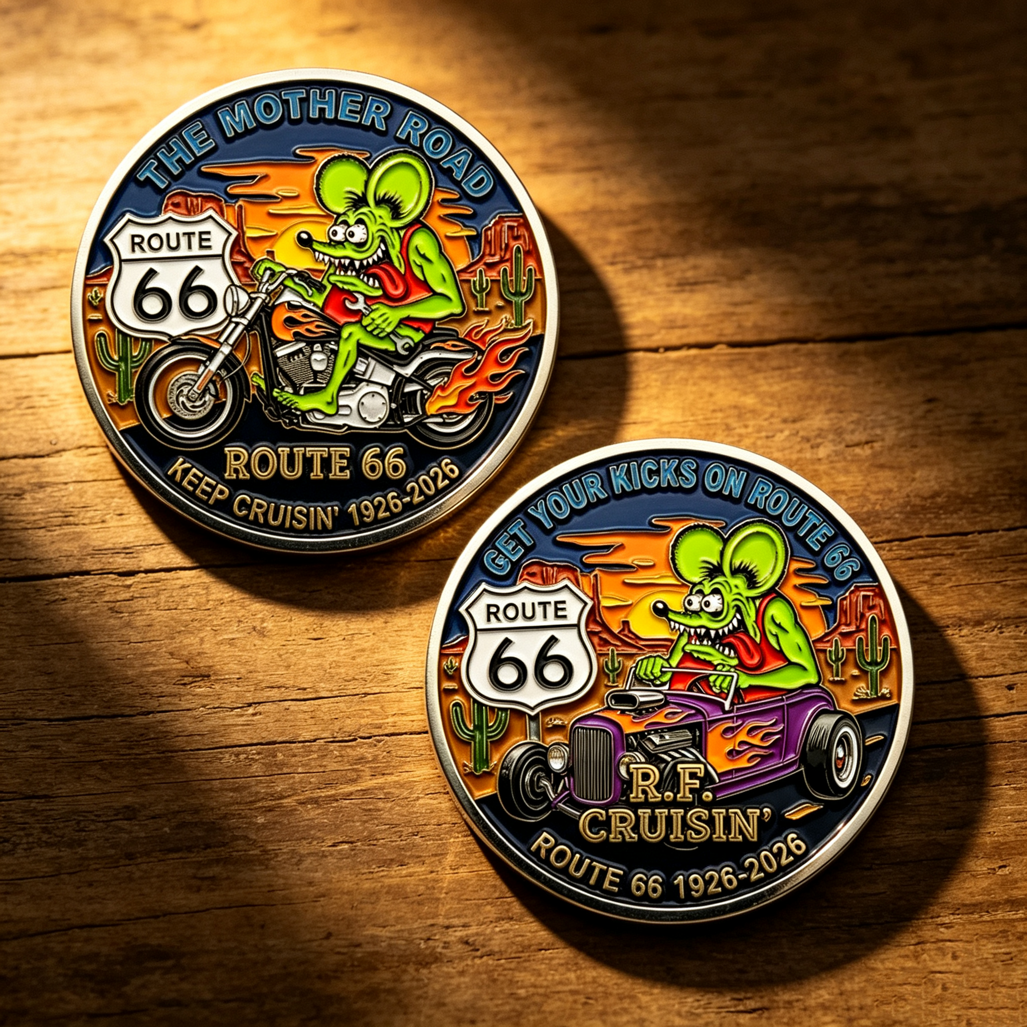 Route 66 100th Anniversary Rat Fink Challenge Coin 1926-2026,Vintage Hot Rod & Motorcycle Enamel Collectible Coin