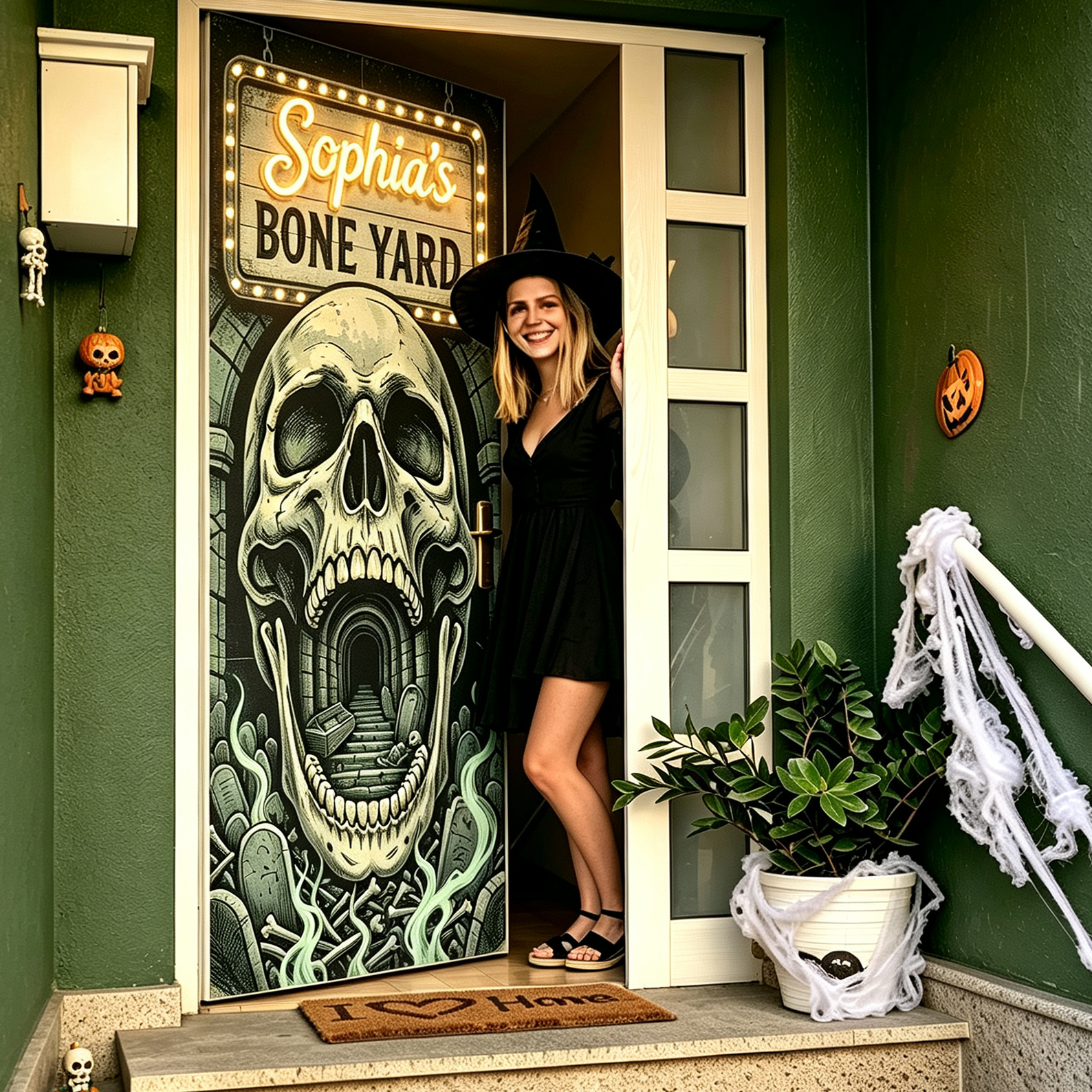 Personalized Halloween Pattern Banner Door Cover with Name Home Decor Halloween Party Gift for Family Friend