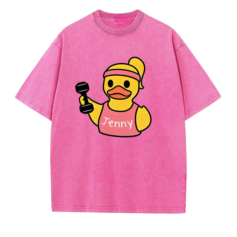 Personalized Washed T-Shirts Fitness Couple Funny Muscle Arm Duck with Name T-Shirt for Gym Lovers