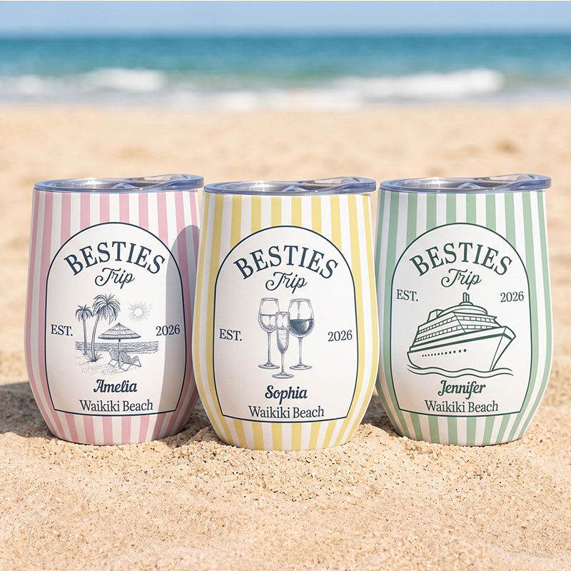 Personalized Bestie Trip 2026 Wine Tumbler, Custom Beach Vacation Cup, Matching Group Travel Gift, Summer Friends Keepsake