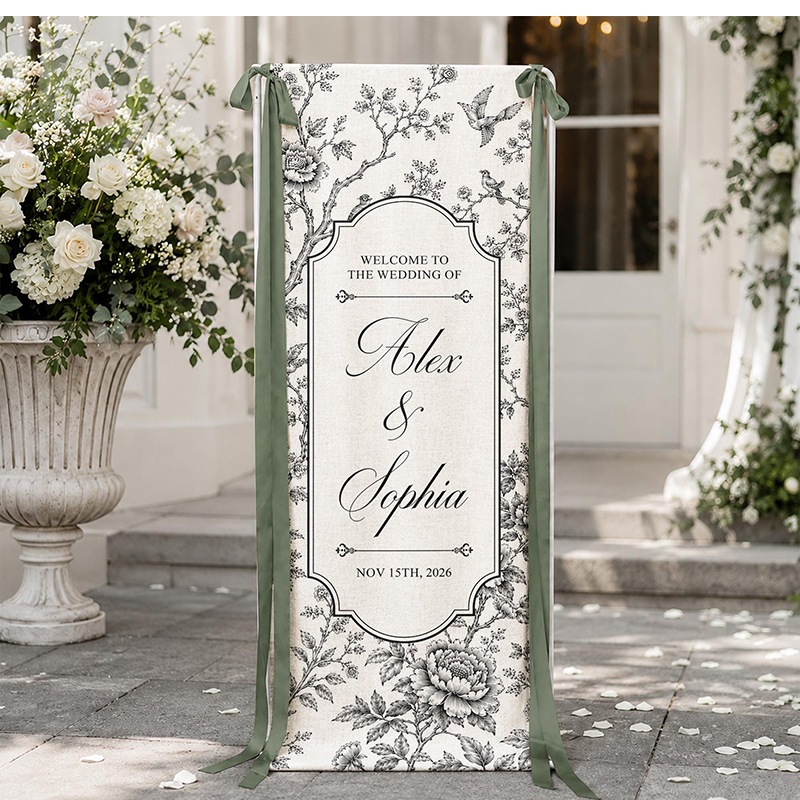 Personalized Toile De Jouy Wedding Sign, Personalized Fabric Welcome Sign, Custom Name Banner for Wedding Ceremony, Reception Decor Gift