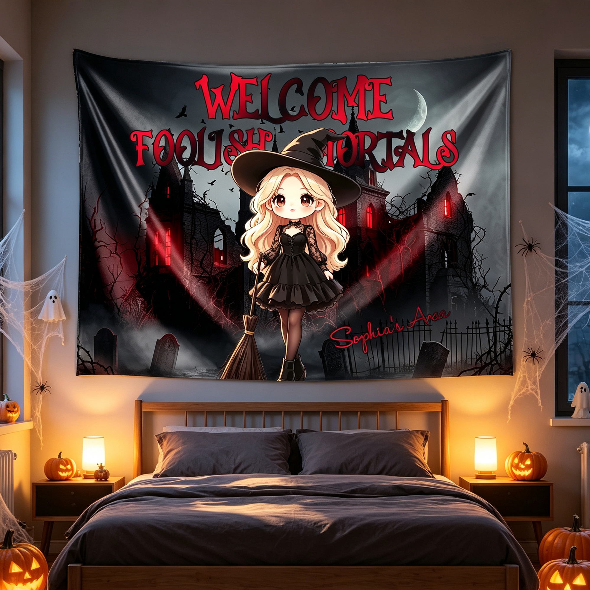 Personalized Halloween Design Tapestry with Cute Character Name Halloween Wall Decor Gift for Family