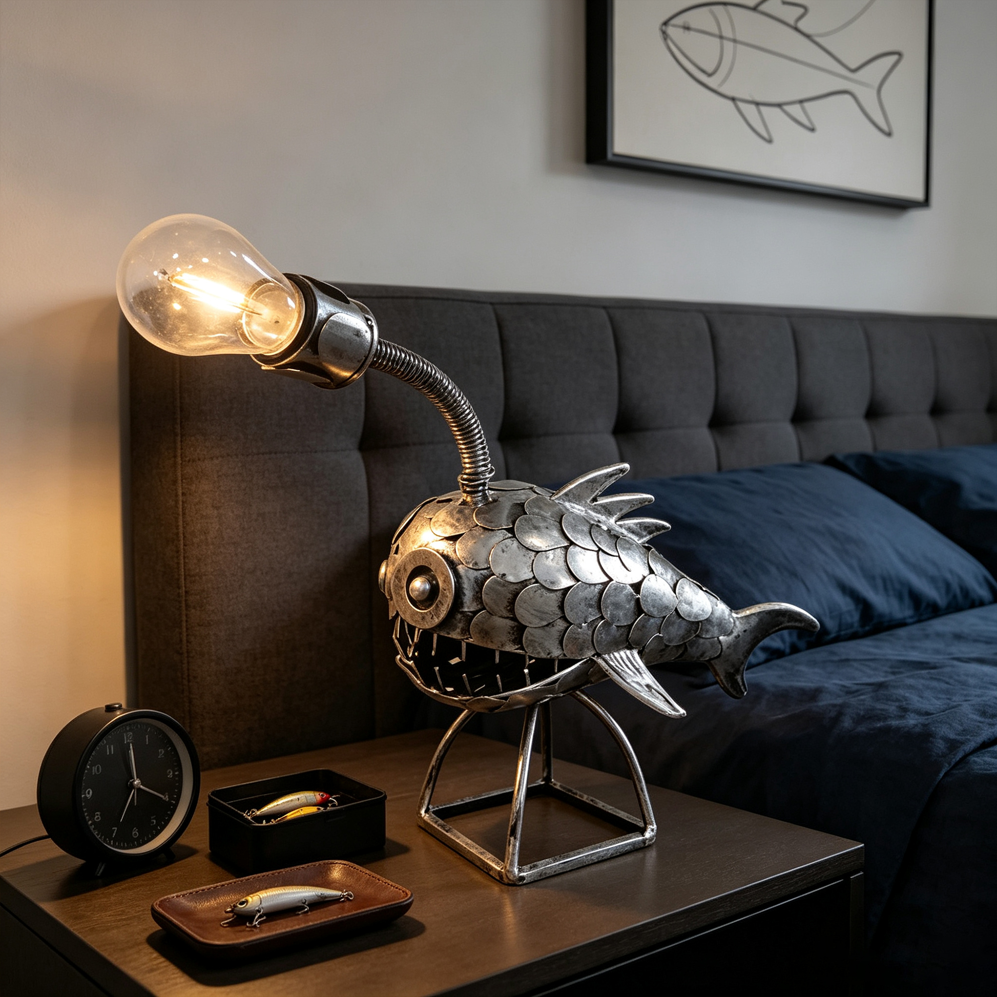 Retro Angler Fish Table Lamp Vintage Metal Work Desktop Lamp for Fishing Lovers