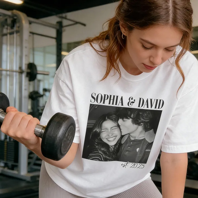 Personalized Weightlifting Couple Classic T-Shirt  Couple Shirt Custom Photo Engagement Comfort Colors Shirt Vintage Couple Picture Shirt for Gym Lover