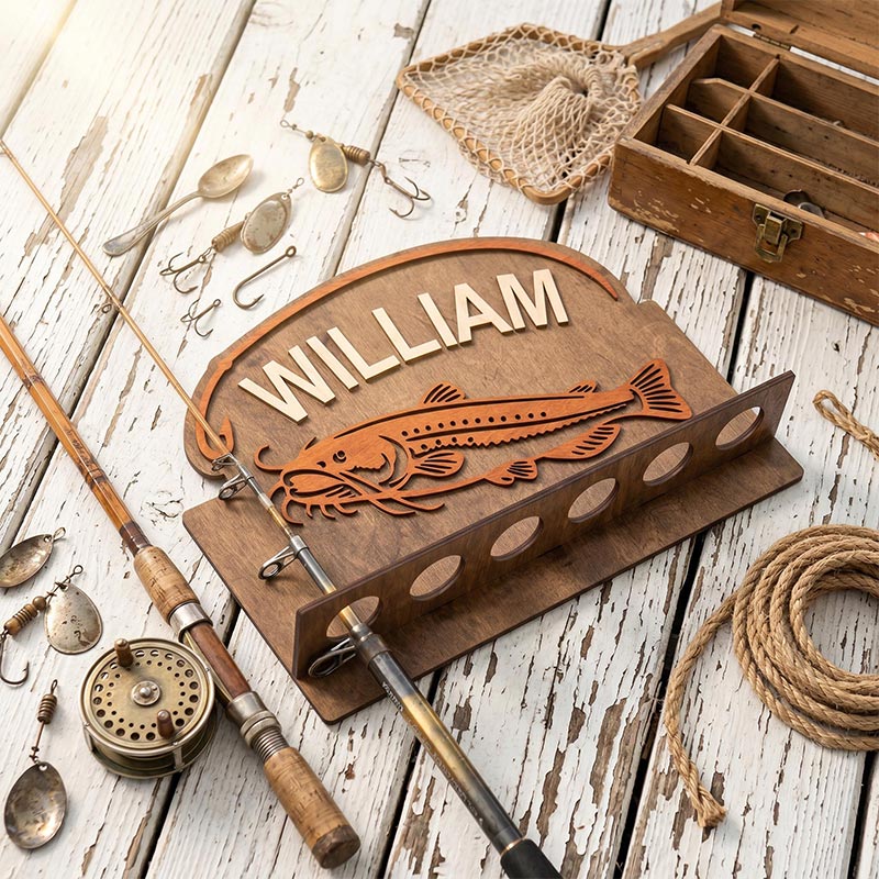 Personalized Reel Cool Dad Fishing Rod Rack 6 Rods Wooden Fishing Pole Holder Wall Mount Custom Fishing Gif Fisherman Dad Birthday Gift Man Cave Deco