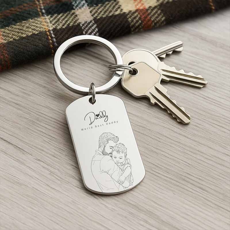 Personalized Photo Keychain Custom Engraved Sketch Keyring for Dad Memorial Stainless Steel Keepsake Birthday Gift for Him