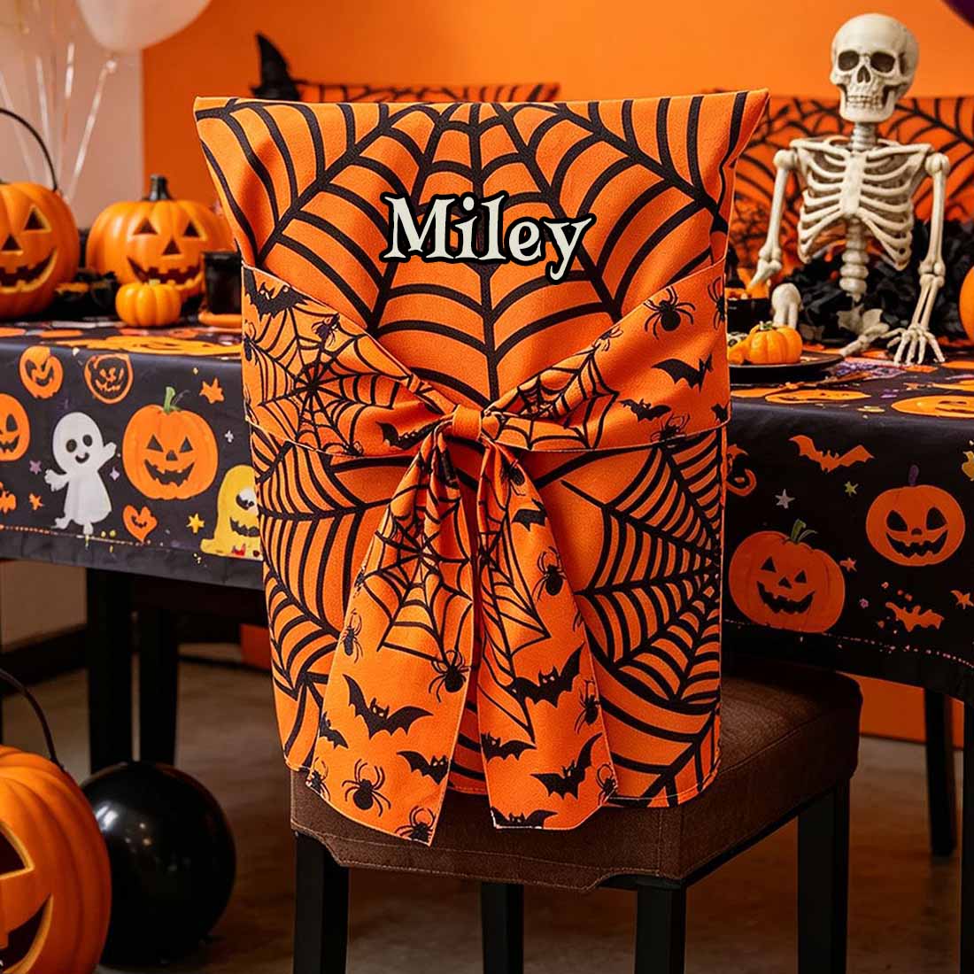 Personalized Halloween Spider Web Chair Cover Orange & Black Bat Design with Custom Name & 3D Bow Dining Party Decor