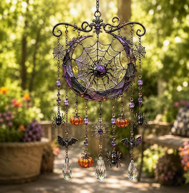 Halloween Witch Hat Suncatcher Wind Chime, Stained Glass Style Window Decor, Gothic Porch Hanging Gift for Witchy Fall Party Homes