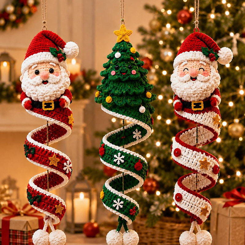 Christmas Crochet Ornament Kit, Soft Cotton Yarn DIY Spiral Santa Snowman Hanging Decor Material Pack, Holiday Craft Gift