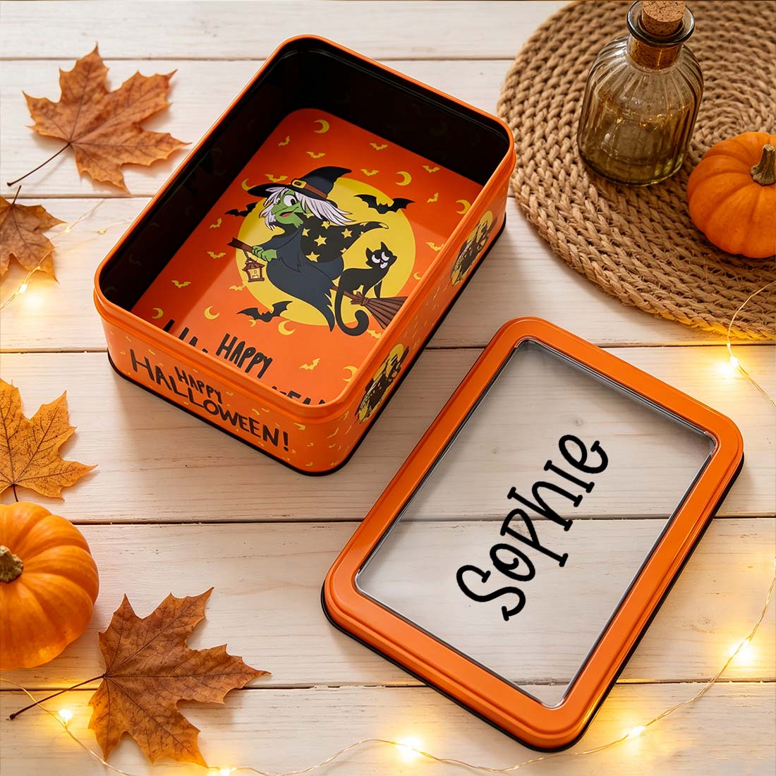 Personalized Halloween Candy Tin Box Custom Name Cookie & Treat Container with Window Lid Spooky Gift Box for Kids