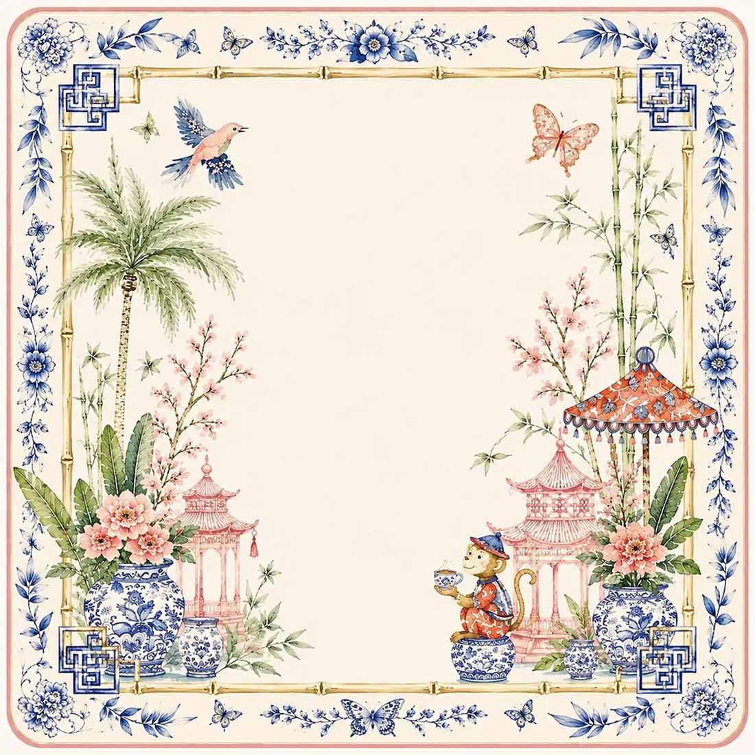 Chinoiserie Monkey Mahjong Mat Pink Pagoda Garden Game Mat Blue White Ginger Jar