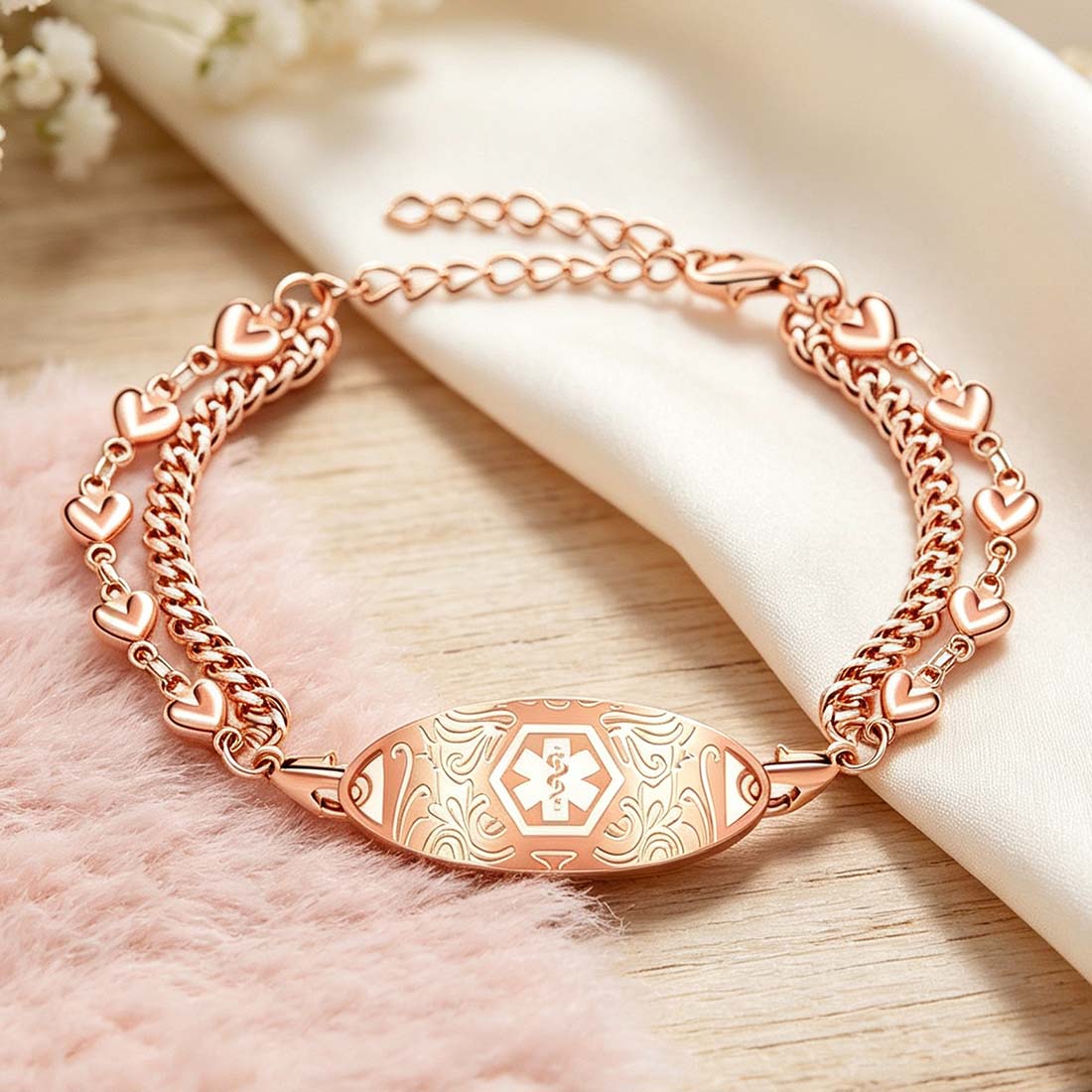 Personalized Adjustable Medical Alert ID Emergency Multi-Layer Bracelet with Engraved Text Gift for Allergy Diabetic Women
