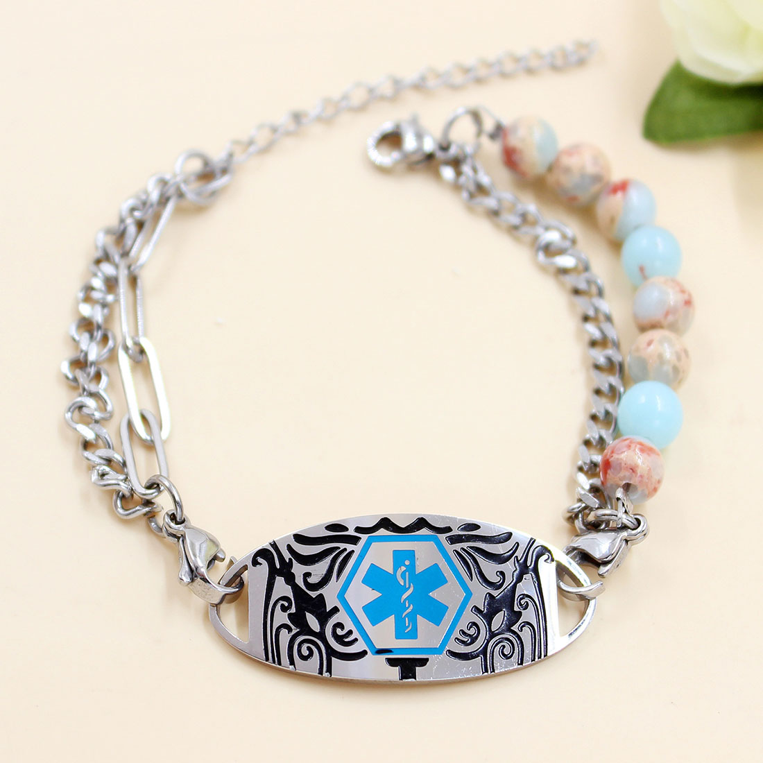 Personalized Medical Emergency Alert ID Beaded Bracelet with Engraved Text First Aid for Allergy Diabetic Women