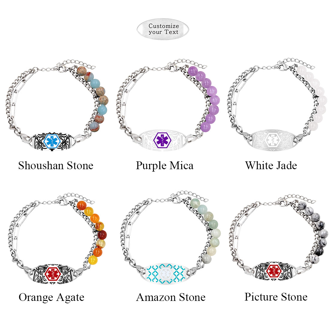 Personalized Medical Emergency Alert ID Beaded Bracelet with Engraved Text and Title Emergency Jewelry Care Gift for Breast Cancer Woman