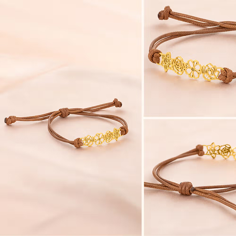 Personalized Minimalist Adjustable 1-8 Birth Flower Waxed Line Bracelet Charm Jewelry Birthday Mother's Day Christmas Gift for Family Mom Grandma Gift