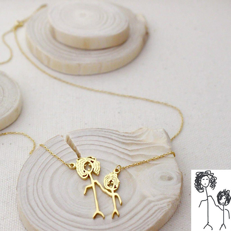 Personalized Actual Kids Drawing Necklace for Mom Grandma Custom Children Artwork Necklace Birthday Gift for Family Mother's Day Gift