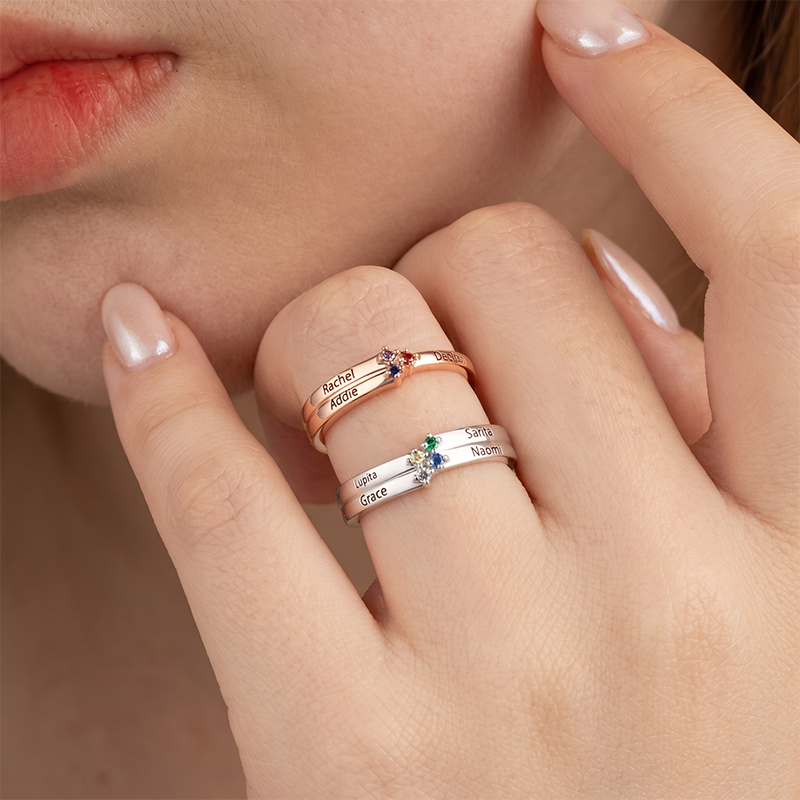 Personalized 1-8 Birthstones Ring with Engraved Name Dainty Women Jewelry Birthday Mother's Day Gift for Mom Grandma